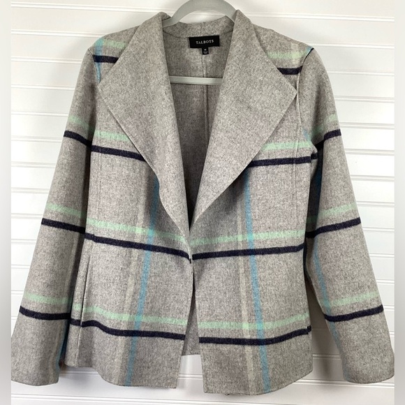 Talbots Women's Size M Cardigan Sweater Wool Blend Gray Blue Plaid Open - Picture 11 of 12